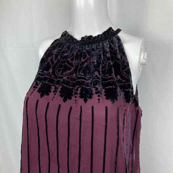 Max Studio‎ Shirt Womens XS Purple Black Velvet Floral Sleeveless Halter Pleated - Picture 2 of 9